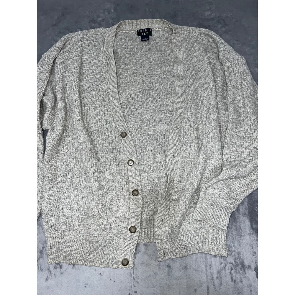 Trader Bay Mens XL Grey Cotton Knit Cardigan Sweater Made in USA Basketweave